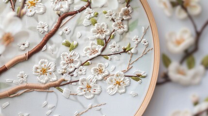 Bliska fotografia wiosennej wyszywanki na tkaninie, ukazująca szczegóły subtelnych haftów i kształtów.