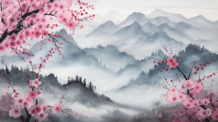 Obraz przedstawia górski krajobraz z różowymi kwiatami, które dodają koloru i życia scenerii. W tle wznoszą się zamglone szczyty gór, podkreślając piękno natury. Namalowane po mistrzowsku. - obrazy, fototapety, plakaty