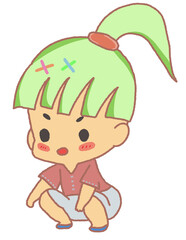 Cute girl with green hair squatting