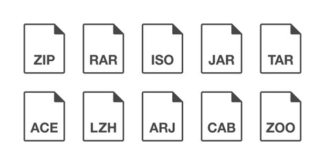 Black popular archive document file format line icons set. Multi types simple flat design vector infographic pictogram for app web website button ui ux interface elements isolated on white background