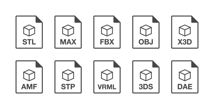 Black popular 3d modelling file format line icons set. Multi types simple flat design vector infographic pictogram for app web website button ui ux interface elements isolated on white background