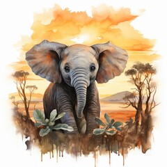 Elephant calf under baobab, sunset savanna colors, watercolor, cute safari theme, cute