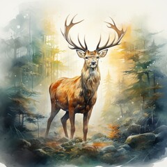 Majestic stag, misty forest watercolor, sunrise hues, noble presence, cute