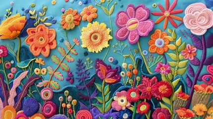 Haftowanie przedstawia kolorowe kwiaty na jasnoniebieskim tle, z motylami unoszącymi się w powietrzu. Kompozycja jest pełna życia i radości, nadając wnętrzu wiosenny charakter. - obrazy, fototapety, plakaty