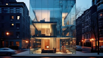 modern glass townhouse building illustration architecture design, luxury urban, windows facade...