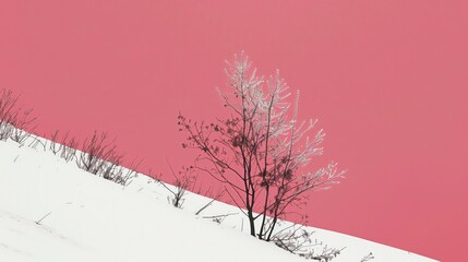 Drzewo stojące samo w śniegu na tle różowego nieba. Sceneria przedstawiająca kontrast pomiędzy białym śniegiem a delikatnym różem na niebie. - obrazy, fototapety, plakaty