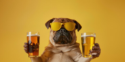 Bar oktoberfest poster concept. Funny pug French bulldog dog puppy in sunglasses holding light...