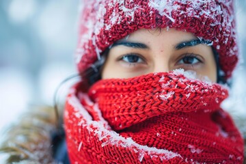 Close-up of a person with snow on their red knitwear, eyes conveying warmth in the cold.