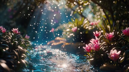 Strumień w obrazie otoczony różowymi kwiatami na tle zieleni wiosennej przyrody. Woda płynie spokojnie, a kwiaty dodają uroku krajobrazowi.