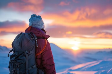 Traveler witnessing a breathtaking sunset in snowy mountains. - obrazy, fototapety, plakaty
