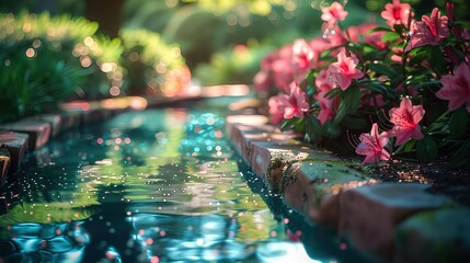 Basen wypełniony wodą, z pływającymi w nim kolorowymi kwiatami, które dodają mu uroku.