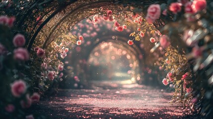 W tunelu przeciętym, widoczne są różowo-kwiatowe rośliny wypełniające środek przestrzeni. Kwiaty tworzą kolorowy i wiosenny krajobraz.