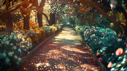 Ścieżka w ogrodzie pełnym drzew i kwiatów - obrazy, fototapety, plakaty