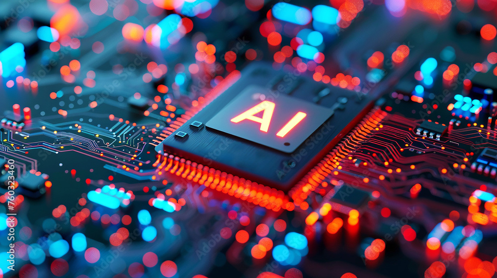 Poster a computer motherboard with a state-of-the-art ai processor. ai generative.