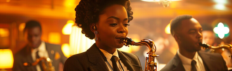 Woman playing saxophone in a club. AI generative. - obrazy, fototapety, plakaty
