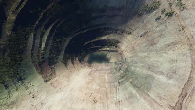 Top aerial drone view of Mirny Sakha Republic in Kimberlitovaya Trubka Mir diamond mine. Siberia in Russia