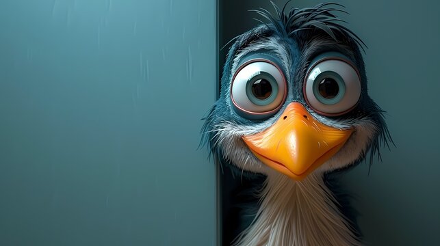 A mischievous 3D cartoon character illustration peeking out from behind a corner against a seamless solid background, its playful demeanor rendered in HD clarity