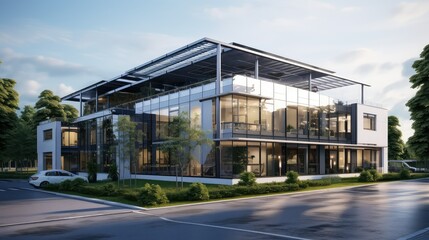Fototapeta na wymiar sustainable modern office building illustration tech open, flexible dynamic, eco friendly sustainable modern office building