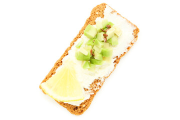 Crispbread with cream cheese, avocado and lemon isolated on white background - 760325050