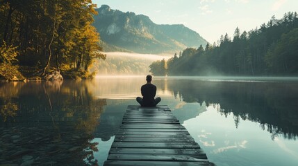 A person in meditation pose by a misty mountain lake, enveloped in the soft light of early morning. - obrazy, fototapety, plakaty