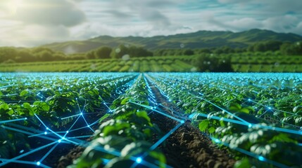 A futuristic farm landscape integrating Internet of Things devices for advanced agriculture - obrazy, fototapety, plakaty