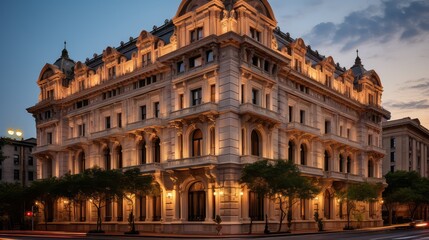 Obraz premium design exterior hotel building illustration facade entrance, windows doors, roof landscaping design exterior hotel building