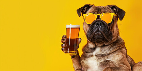 Funny pug French bulldog dog puppy in sunglasses holding light alcohol beer with foam in paw on isolated on yellow studio background. Bar oktoberfest poster concept - obrazy, fototapety, plakaty