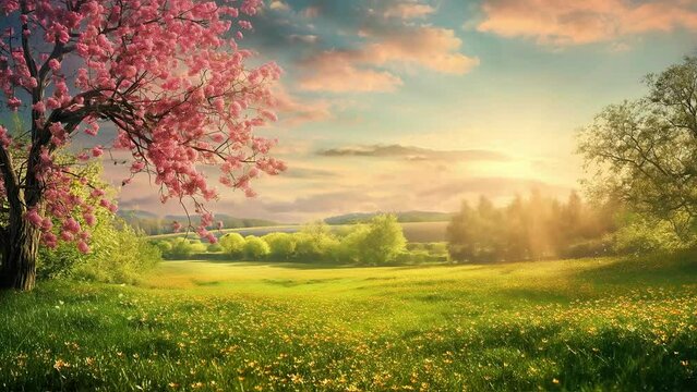 Spring landscape with cherry blossom trees at sunset, seamless loop video 4k
