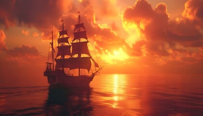 Ancient sailing ship at sunset - obrazy, fototapety, plakaty
