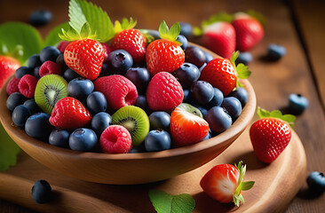 fruit salad of red strawberries, raspberries, blue blueberries in a transparent plate on the table....