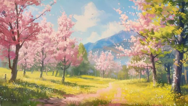 Spring landscape cherry blossoms with mountain and sky background