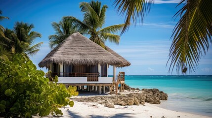 Fototapeta premium waves beach bungalow building illustration sun surf, palm relaxation, vacation tropical waves beach bungalow building