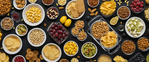 top view of various snacking on black background