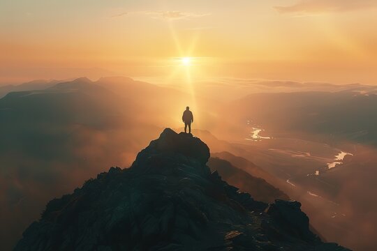 A lone hiker stands on a mountain peak at sunrise, overlooking a sweeping valley.