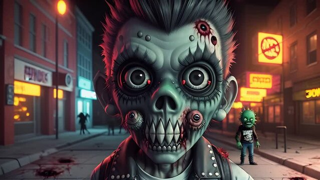 Zombie boy with a bright Mohawk hairstyle on a city street at night. The concept of Halloween and horror.