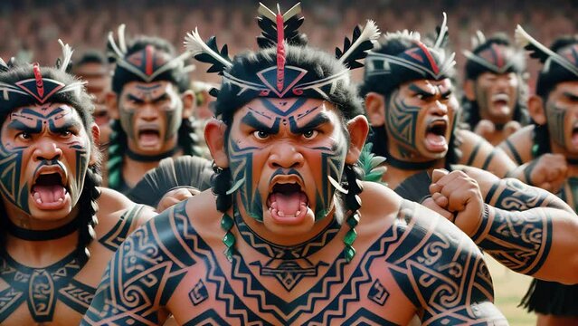 A group of Maori in traditional attire performing the haka. The concept of Maori culture and dance.