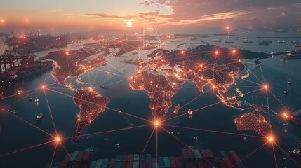 Obraz premium Global business connectivity showcased on world trade map with interconnected trade routes