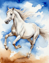 Obraz na płótnie Canvas watercolor painting A white cloud in the shape of a running horse against a background of blue sky