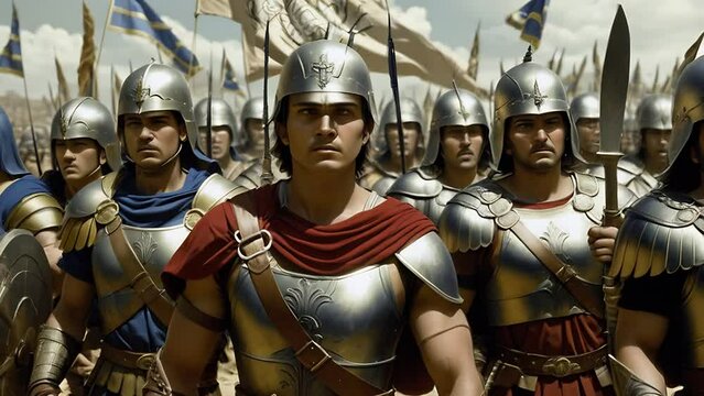 Warriors in ancient Greek armor and helmets ready for battle. The concept of antiquity and warfare.