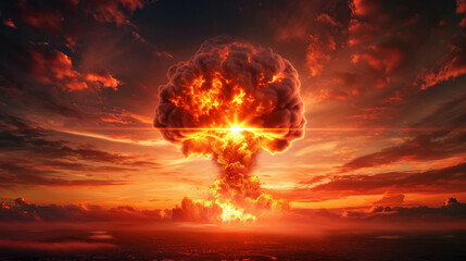 Experience the chaos of a nuclear explosion and mushroom cloud, depicted in UHD with realistic detail. AI generative technology adds depth to this catastrophic scene. - obrazy, fototapety, plakaty