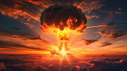 Explore the aftermath of a nuclear explosion and mushroom cloud, portrayed in vivid HDR. AI generative techniques bring realism to this image of devastation. - obrazy, fototapety, plakaty