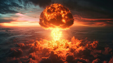 Witness the power and destruction of a nuclear explosion and mushroom cloud in this intense image. AI generative enriches the HDR details of this cataclysmic event. - obrazy, fototapety, plakaty