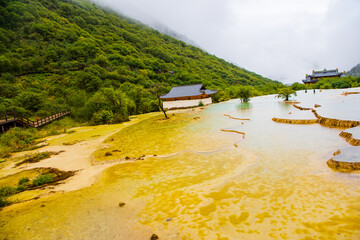 The beautiful scenery of Huanglong Yaochi in rainy season in Sichuan, China