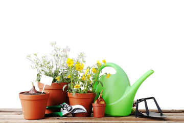 Garden tools with flowers in pots on wooden table - 760327699