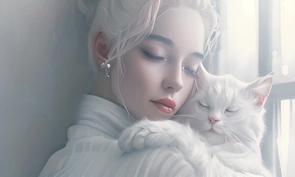 Young woman with white hair hugging a white cat. The concept of human-animal friendship.