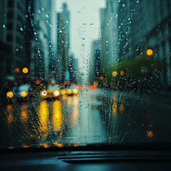 Feel the vibe of a rainy day as raindrops trickle down the car window, blurring the cityscape outside. AI generative technology enhances the mood of this urban scene.