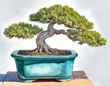 watercolor painting juniper bonsai, bright back lit, in a teal pot