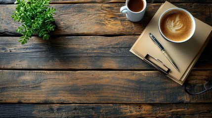 Experience productivity at its finest with a top-view POV of a realistic wooden table, complete with coffee, notebook, and pens. AI generative enriches the workspace ambiance."