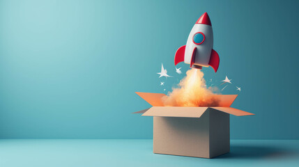 Explore the boundless possibilities of space exploration as a rocket lifts off from a cardboard box against a blue backdrop. AI generative technology brings this 3D illustration to life. - obrazy, fototapety, plakaty