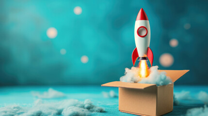 Marvel at the whimsical sight of a rocket launching from a cardboard box against a blue background. AI generative technology enhances the imaginative concept. - obrazy, fototapety, plakaty